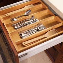 Load image into Gallery viewer, Try bamboo expandable utensil cutlery tray drawer organizer divider 3 compartments with 2 adjustable dimensions beautiful durable and multifunctional utensil holder and organizer
