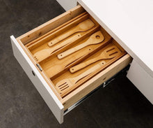Load image into Gallery viewer, Top rated bamboo expandable utensil cutlery tray drawer organizer divider 3 compartments with 2 adjustable dimensions beautiful durable and multifunctional utensil holder and organizer