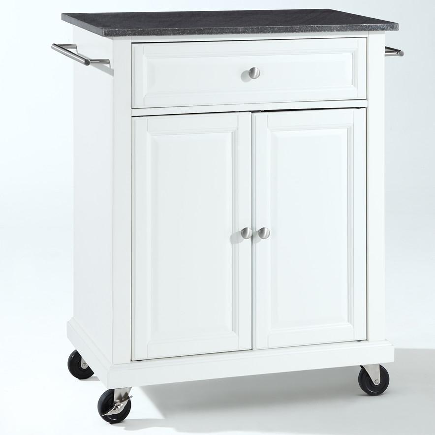 White Kitchen Cart with Granite Top and Locking Casters Wheels