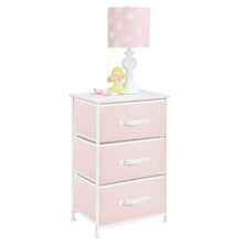 Load image into Gallery viewer, Get mdesign 3 drawer vertical dresser storage tower sturdy steel frame wood top and easy pull fabric bins multi bin organizer unit for child kids bedroom or nursery light pink white
