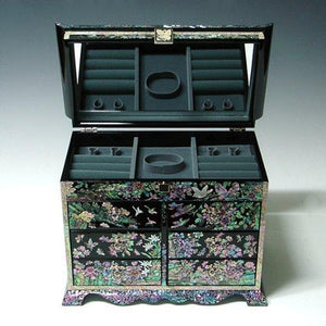 Discover the best mother of pearl girls asian lacquer wooden black jewelry trinket keepsake treasure gift jewel ring drawer box chest case holder organizer with flower and bird design