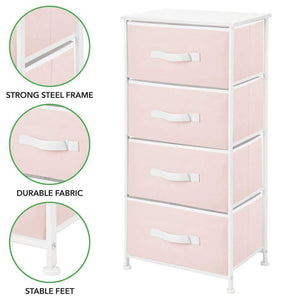 Discover mdesign 4 drawer vertical dresser storage tower sturdy steel frame wood top and easy pull fabric bins multi bin organizer unit for child kids bedroom or nursery light pink white