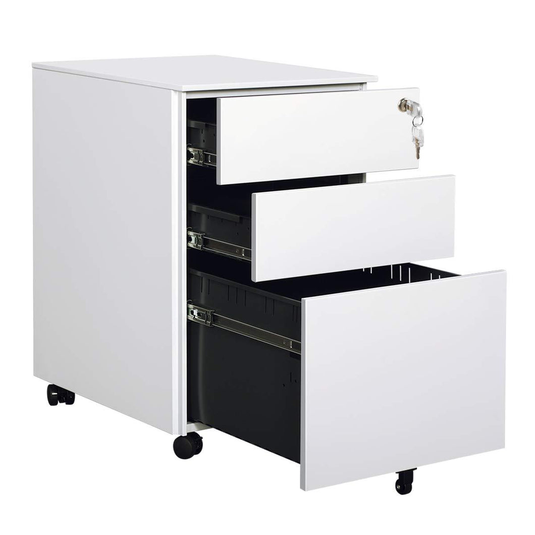 DEVAISE Mini File Cabinet with Locks - 3 Drawers Mobile Pedestal Cabinet Round Edge Design,White