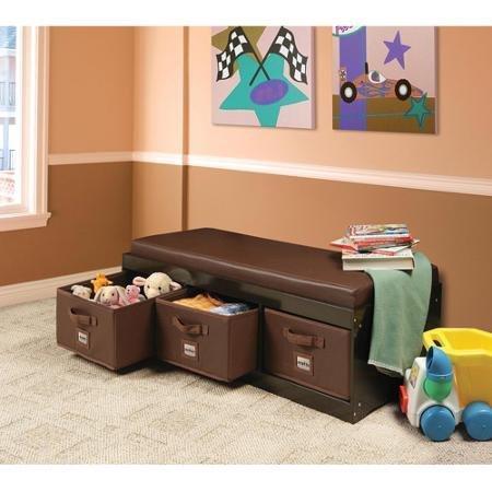 Home genius this beautiful kids leather style padded bench with 3 large storage drawers in espresso color adds elegance while helping your child to stay tidy