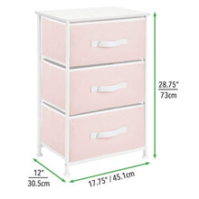Load image into Gallery viewer, Home mdesign 3 drawer vertical dresser storage tower sturdy steel frame wood top and easy pull fabric bins multi bin organizer unit for child kids bedroom or nursery light pink white
