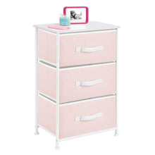 Load image into Gallery viewer, Great mdesign 3 drawer vertical dresser storage tower sturdy steel frame wood top and easy pull fabric bins multi bin organizer unit for child kids bedroom or nursery light pink white