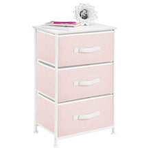 Load image into Gallery viewer, Heavy duty mdesign 3 drawer vertical dresser storage tower sturdy steel frame wood top and easy pull fabric bins multi bin organizer unit for child kids bedroom or nursery light pink white