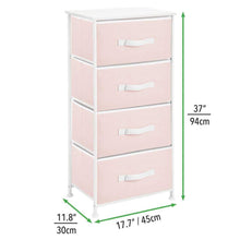 Load image into Gallery viewer, Cheap mdesign 4 drawer vertical dresser storage tower sturdy steel frame wood top and easy pull fabric bins multi bin organizer unit for child kids bedroom or nursery light pink white