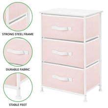 Load image into Gallery viewer, Kitchen mdesign 3 drawer vertical dresser storage tower sturdy steel frame wood top and easy pull fabric bins multi bin organizer unit for child kids bedroom or nursery light pink white