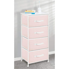 Load image into Gallery viewer, Discover the mdesign 4 drawer vertical dresser storage tower sturdy steel frame wood top and easy pull fabric bins multi bin organizer unit for child kids bedroom or nursery light pink white