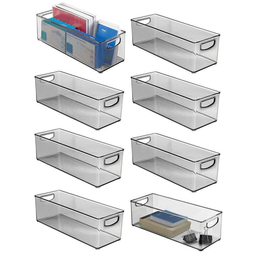 Heavy duty mdesign large stackable plastic storage bin container home office desk and drawer organizer tote with handles holds gel pens erasers tape pens pencils markers 16 long 8 pack smoke gray