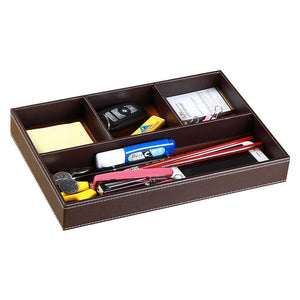 Amazon best valet tray men nightstand drawer organizer 4 compartments pu leather office table stationery storage box for key phone coin wallet jewelry glasses cosmetics business card pen watch note paper brown
