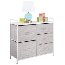 Load image into Gallery viewer, The best mdesign wide dresser storage tower sturdy steel frame wood top easy pull fabric bins organizer unit for bedroom hallway entryway closets chevron print 5 drawers taupe white