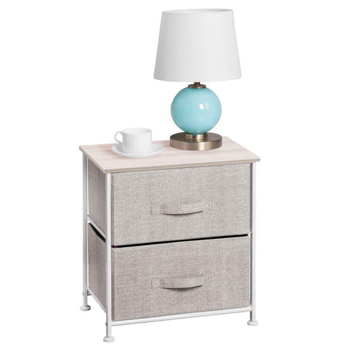 Kitchen mdesign end table night stand storage tower sturdy steel frame wood top easy pull fabric bins organizer unit for bedroom hallway entryway closets textured print 2 drawers linen natural
