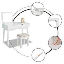 Load image into Gallery viewer, Budget friendly vanity table with large sized flip top mirror makeup dressing table with a cushion stool set writing desk with two drawers one small removable organizers easy assembly