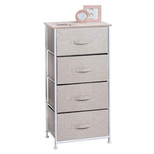 Load image into Gallery viewer, Best mdesign vertical dresser storage tower sturdy steel frame wood top easy pull fabric bins organizer unit for bedroom hallway entryway closets textured print 4 drawers linen natural