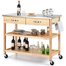 Load image into Gallery viewer, Organize with giantex kitchen trolley cart rolling island cart serving cart large storage with stainless steel countertop lockable wheels 2 drawers and shelf utility cart for home and restaurant solid pine wood