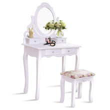 Load image into Gallery viewer, Budget friendly casart vanity dressing table with mirror and stool 360 rotating oval makeup mirror classic style delicate carved cushioned benches wood legs vanity tables with divided drawers white