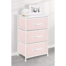 Load image into Gallery viewer, Latest mdesign 3 drawer vertical dresser storage tower sturdy steel frame wood top and easy pull fabric bins multi bin organizer unit for child kids bedroom or nursery light pink white