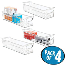 Load image into Gallery viewer, Explore mdesign slim plastic home office storage bin container desk and drawer organizer tote with handles holds gel pens erasers tape pens pencils highlighters markers 14 long 4 pack clear