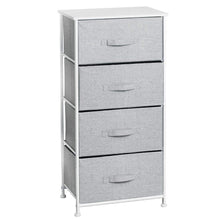 Load image into Gallery viewer, Amazon mdesign vertical furniture storage tower sturdy steel frame wood top easy pull fabric bins organizer unit for bedroom hallway entryway closets textured print 4 drawers gray white