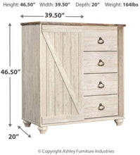 Load image into Gallery viewer, Get ashley furniture signature design willowton dressing chest casual 4 drawers sliding door storage whitewash finish faux plank top antiqued brass hardware