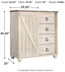 Get ashley furniture signature design willowton dressing chest casual 4 drawers sliding door storage whitewash finish faux plank top antiqued brass hardware