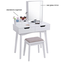 Load image into Gallery viewer, Top bewishome vanity set with mirror jewelry cabinet jewelry armoire makeup organizer cushioned stool 2 sliding drawers white makeup vanity desk dressing table fst04w
