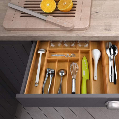 Premium Large 2.6 Inch Deep Pure Bamboo Expandable Utensil Cutlery Tray Flatware Drawer Organizer Silverware Organizer for All Occassions By Decor Trends,2 Year Warranty