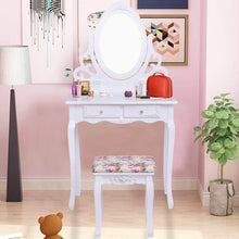 Load image into Gallery viewer, Buy casart vanity dressing table with mirror and stool 360 rotating oval makeup mirror classic style delicate carved cushioned benches wood legs vanity tables with divided drawers white