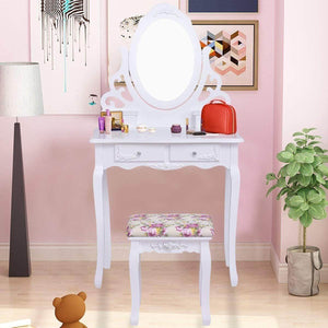 Buy casart vanity dressing table with mirror and stool 360 rotating oval makeup mirror classic style delicate carved cushioned benches wood legs vanity tables with divided drawers white