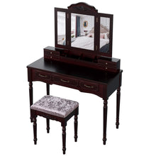 Load image into Gallery viewer, Discover the homecho vanity table set with 7 drawers and 6 makeup organizers removable tri folding mirror and 8 necklace hooks with cushioned stool dark espresso hmc md 010