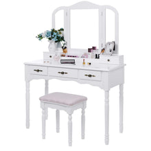 Load image into Gallery viewer, Amazon best bewishome vanity set makeup dressing table and cushioned stool large tri folding mirror 5 drawers 2 dividers desktop makeup organizer makeup vanity desk for girls women white fst06w