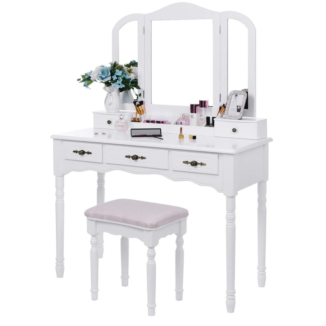 Amazon best bewishome vanity set makeup dressing table and cushioned stool large tri folding mirror 5 drawers 2 dividers desktop makeup organizer makeup vanity desk for girls women white fst06w