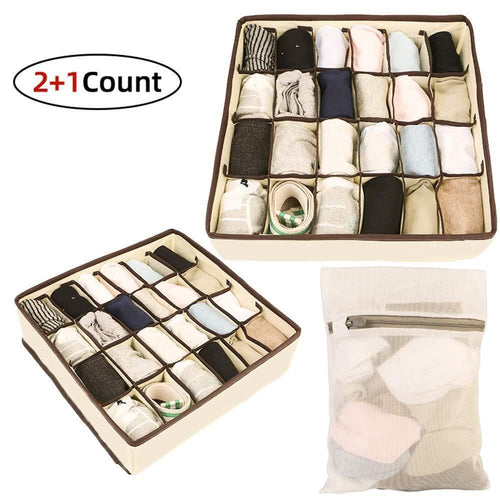 SKYUGLE Sock Organizer Underwear Drawer Divider - 24 Cell Collapsible Closet Foldable Clothes Tie Handkerchief Wardrobe Cabinet Storage Boxes Beige (2 Packs) + 1 Mesh Laundry Bag for Sock & Underwear