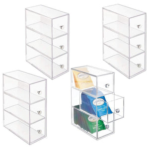 Select nice mdesign plastic kitchen pantry cabinet countertop organizer storage station with 3 drawers for coffee tea sugar packets sweeteners creamers drink pods packets 4 pack clear
