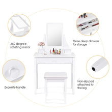 Load image into Gallery viewer, Discover the giantex bathroom vanity dressing table set 360 rotate mirror pine wood legs padded stool dressing table girls make up vanity set w stool rectangle mirror 3 drawers white