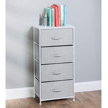 Load image into Gallery viewer, Budget friendly mdesign vertical furniture storage tower sturdy steel frame wood top easy pull fabric bins organizer unit for bedroom hallway entryway closets textured print 4 drawers gray white
