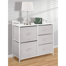 Load image into Gallery viewer, Top mdesign wide dresser storage tower sturdy steel frame wood top easy pull fabric bins organizer unit for bedroom hallway entryway closets chevron print 5 drawers taupe white