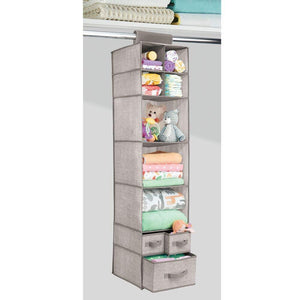 Explore mdesign soft fabric over closet rod hanging storage organizer with 7 shelves and 3 removable drawers for child kids room or nursery textured print 2 pack linen tan