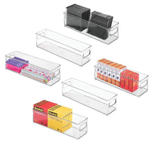 Load image into Gallery viewer, Explore mdesign stackable plastic storage bin container desk and drawer organizer tote with handles for storing gel pens erasers tape pens pencils highlighters markers 14 5 long 6 pack clear
