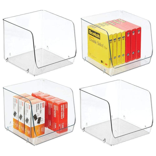 Storage organizer mdesign large stackable plastic home office storage organization bin basket with wide open front for cabinets closets drawers desks tables workspace cube 7 75 wide 4 pack clear