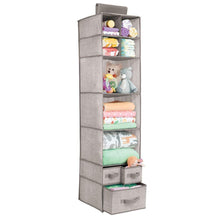 Load image into Gallery viewer, Discover the best mdesign soft fabric over closet rod hanging storage organizer with 7 shelves and 3 removable drawers for child kids room or nursery textured print 2 pack linen tan