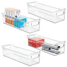 Load image into Gallery viewer, Cheap mdesign slim plastic home office storage bin container desk and drawer organizer tote with handles holds gel pens erasers tape pens pencils highlighters markers 14 long 4 pack clear