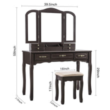 Load image into Gallery viewer, Budget youke vanity set tri folding necklace hooked mirror 7 drawers makeup dressing table with cushioned stool easy assemblebrown