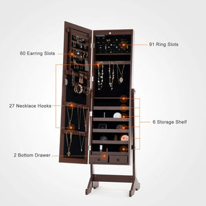Amazon mecor jewelry armoire led standing mirrored jewelry cabinet organizer storage lockable full length mirror makeup box w 2 drawers 5 shelves 3 adjustable angle brown