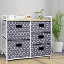 Load image into Gallery viewer, Top rated wide dresser storage tower 5 drawer chest sturdy steel frame wood top easy pull fabric bins organizer unit for bedroom playroom entryway closets lantern printing gray white
