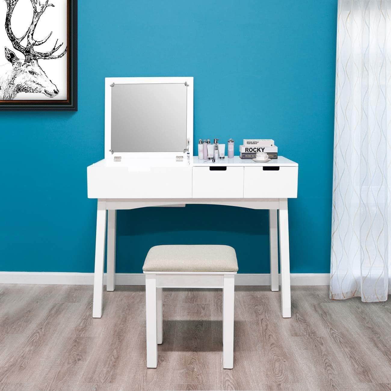 39.17inch Vanity Dressing Table Set with Flip Top Mirror Makeup Table Writing Desk, 2 Drawers 1 Large Storage Space with Drop Organizers, Cushioned Stool Easy Assembly (White)