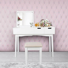 Load image into Gallery viewer, Discover vanity table with large sized flip top mirror makeup dressing table with a cushion stool set writing desk with two drawers one small removable organizers easy assembly