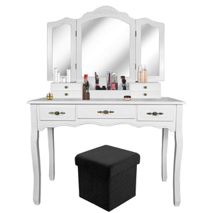 Shop for vanity beauty station tri folding necklace hooked mirrors 6 organization 7 drawers makeup dress table with cushioned stool and storage ottoman white
